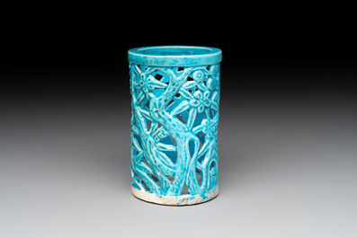 A Chinese turquoise-glazed reticulated brush pot, 18th C.
