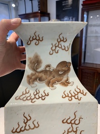 A Chinese iron-red and white 'Buddhist lion' square vase, Chenghua mark, 19/20th C.