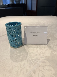 A Chinese turquoise-glazed reticulated brush pot, 18th C.