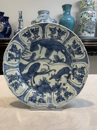 A Chinese blue and white 'kraak' dish and a plate with deer and birds, Wanli