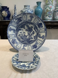 A Chinese blue and white 'kraak' dish and a plate with deer and birds, Wanli