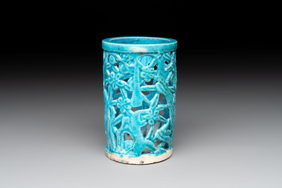 A Chinese turquoise-glazed reticulated brush pot, 18th C.
