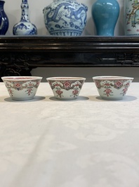 Ten Chinese famille rose cups with floral design and eight saucers, Qianlong