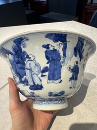 A large Chinese blue and white 'Zhu Lin Qi Xian 竹林七賢' bowl, Kangxi