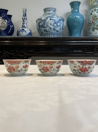 Ten Chinese famille rose cups with floral design and eight saucers, Qianlong