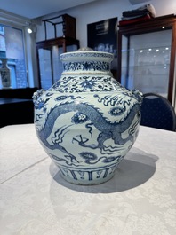 A fine Chinese blue and white 'dragon' vase with mythical-beast-shaped handles, probably Yuan