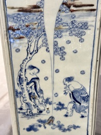 A Chinese blue, white and copper-red square-sectioned vase with figural design, Kangxi