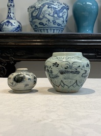 Five Chinese blue, white and monochrome jarlets and seven covered boxes, Yuan/Ming
