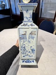 A Chinese blue, white and copper-red square-sectioned vase with figural design, Kangxi