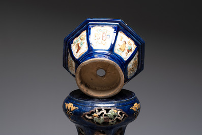 A Chinese or Vietnamese polychrome-glaze pottery jardini&egrave;re and stand, 19th C.