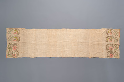 Five Ottoman gold and silver thread embroidered linen towels with floral design, 19th C.
