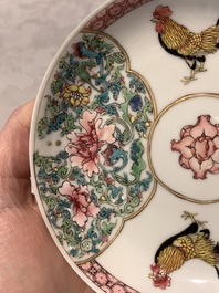 A fine Chinese famille rose 'rooster' cup and saucer, Yongzheng