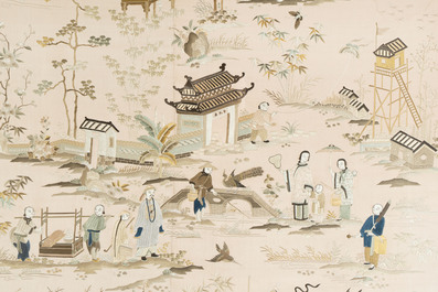 A very large Chinese beige-ground embroidered silk panel depicting scenes of Chinese rural life, 19th C.