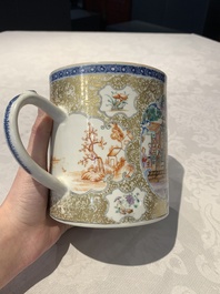 Two Chinese famille rose Canton export boat scene mugs, Qianlong