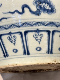 A fine Chinese blue and white 'dragon' vase with mythical-beast-shaped handles, probably Yuan