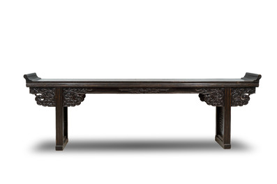A massive Chinese red-and-black-lacquered altar table, 'qiaotouan', Qing