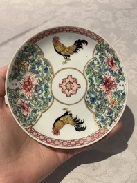 A fine Chinese famille rose 'rooster' cup and saucer, Yongzheng