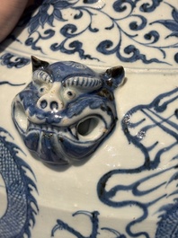 A fine Chinese blue and white 'dragon' vase with mythical-beast-shaped handles, probably Yuan