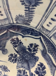 A Chinese blue and white 'kraak' dish and a plate with deer and birds, Wanli