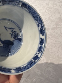 Two Chinese blue and white cups and saucers, Kangxi/Yongzheng