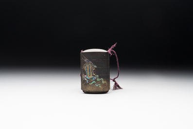 A Japanese mother-of-pearl-inlaid gilt-lacquer four-case inro with a chariot and a sakura tree, signed Shunsho 春正, Edo, 19th C.