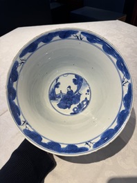 A large Chinese blue and white 'Zhu Lin Qi Xian 竹林七賢' bowl, Kangxi