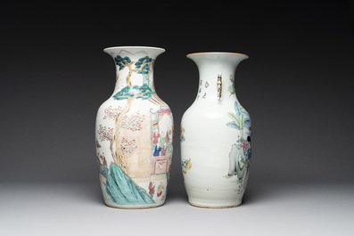A Chinese famille rose '100 boys' vase and a 'ladies and flowers' vase, signed Wang Liji 汪利记, 19/20th C.