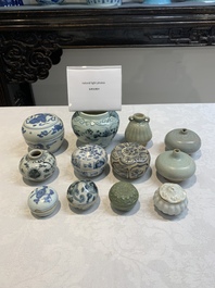 Five Chinese blue, white and monochrome jarlets and seven covered boxes, Yuan/Ming
