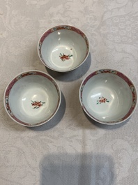 Ten Chinese famille rose cups with floral design and eight saucers, Qianlong