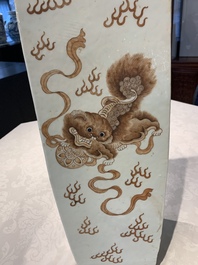 A Chinese iron-red and white 'Buddhist lion' square vase, Chenghua mark, 19/20th C.