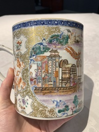 Two Chinese famille rose Canton export boat scene mugs, Qianlong