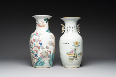 A Chinese famille rose '100 boys' vase and a 'ladies and flowers' vase, signed Wang Liji 汪利记, 19/20th C.
