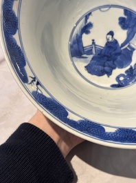 A large Chinese blue and white 'Zhu Lin Qi Xian 竹林七賢' bowl, Kangxi