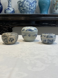 Five Chinese blue, white and monochrome jarlets and seven covered boxes, Yuan/Ming