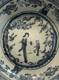 A Chinese Swatow blue and white 'lady and a boy' dish, Ming