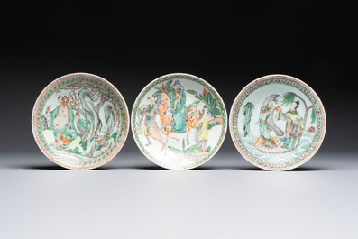 Six Chinese Canton famille verte plates with figural design, 19th C.