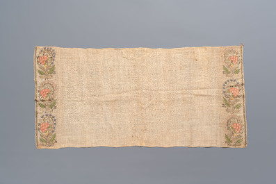 Five Ottoman gold and silver thread embroidered linen towels with floral design, 19th C.