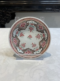 Ten Chinese famille rose cups with floral design and eight saucers, Qianlong