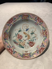 A pair of Chinese armorial monogrammed plates and a famille rose plate, Kangxi/Yongzheng