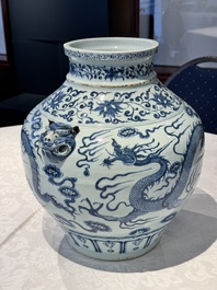A fine Chinese blue and white 'dragon' vase with mythical-beast-shaped handles, probably Yuan
