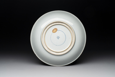 A Chinese famille verte 'warriors on horseback' dish, lingzhi mark, Kangxi