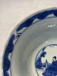 A large Chinese blue and white 'Zhu Lin Qi Xian 竹林七賢' bowl, Kangxi