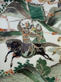 A Chinese famille verte 'warriors on horseback' dish, lingzhi mark, Kangxi