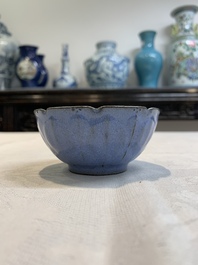 A Chinese blue-glazed Yixing stoneware 'lotus' bowl, and a brush rest on wooden stand, 18/19th C.