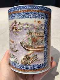 Two Chinese famille rose Canton export boat scene mugs, Qianlong