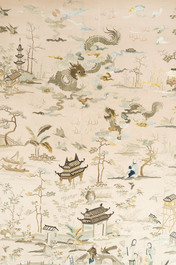 A very large Chinese beige-ground embroidered silk panel depicting scenes of Chinese rural life, 19th C.