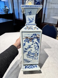 A Chinese blue, white and copper-red square-sectioned vase with figural design, Kangxi
