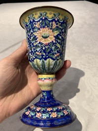 A rare Chinese blue-ground Canton enamel chalice after a European silver example, Qianlong