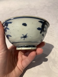 Four Chinese blue and white bowls, two cups and a plate, Ming