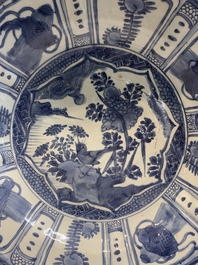 A Chinese blue and white 'kraak' dish and a plate with deer and birds, Wanli